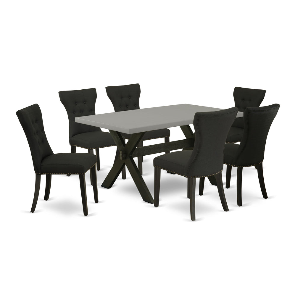 X696GC1DL-8 Elegant 7-Piece Dining Ensemble with Rectangular X-Leg Table & 6 Black Upholstered Parson Chairs, 36x60 Multi-Color