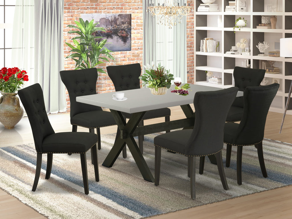 X696GC1DL-8 Elegant 7-Piece Dining Ensemble with Rectangular X-Leg Table & 6 Black Upholstered Parson Chairs, 36x60 Multi-Color