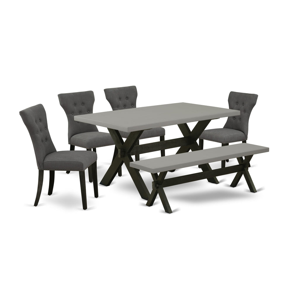 X696G81QF-L Six-Piece Dining Ensemble with Rectangle Table, X-Legs, Parson Chairs & Bench in Multi-Color, 36x60