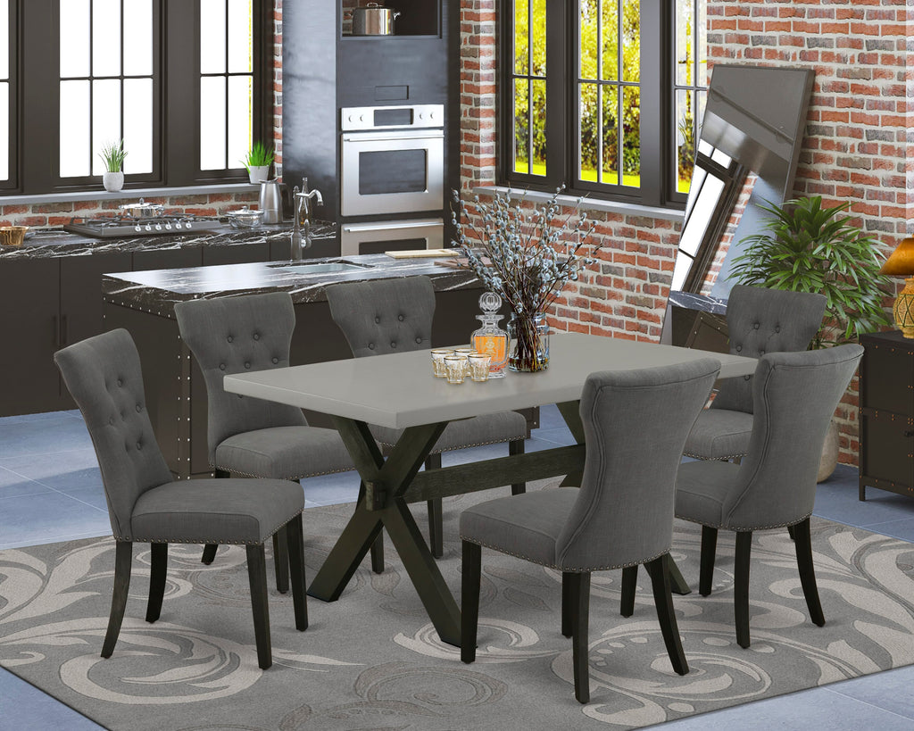 X696GBNX1-W 7-Piece Rectangular Dining Ensemble with Sleek X-Leg Design and 6 Elegant Dark Gotham Upholstered Chairs, 36x60 Inches, Multi-Tonal Palette