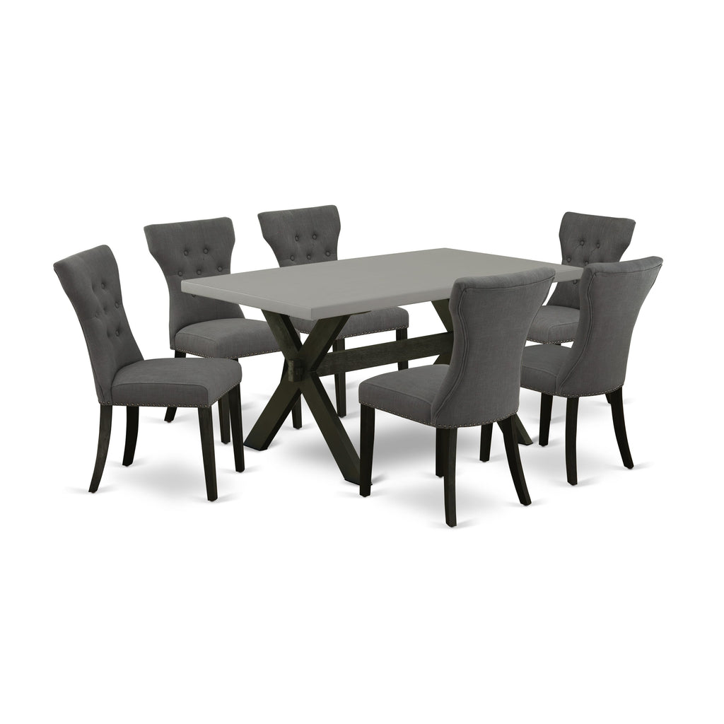 X696GBNX1-W 7-Piece Rectangular Dining Ensemble with Sleek X-Leg Design and 6 Elegant Dark Gotham Upholstered Chairs, 36x60 Inches, Multi-Tonal Palette
