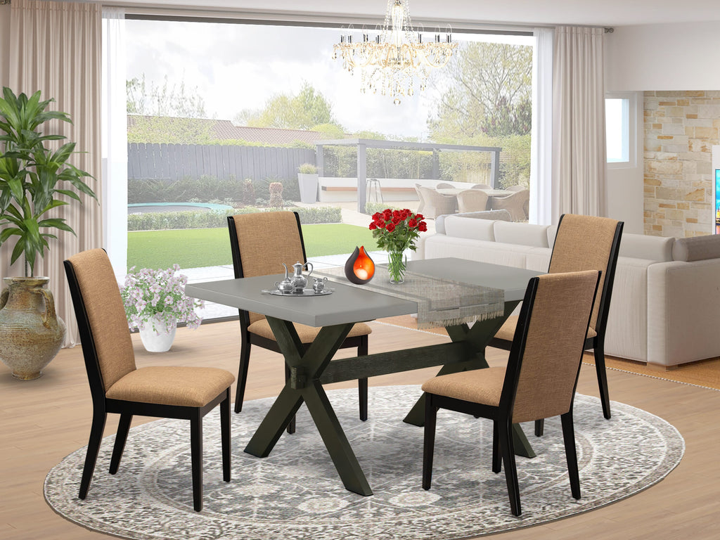 X696LB6US-4 5-Piece Dining Ensemble with Rectangular Table and X-Legs, Includes 4 Light Sable Upholstered Chairs, 36x60, Multi-Color