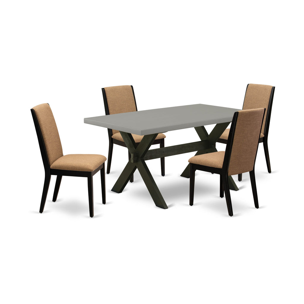 X696LB6US-4 5-Piece Dining Ensemble with Rectangular Table and X-Legs, Includes 4 Light Sable Upholstered Chairs, 36x60, Multi-Color