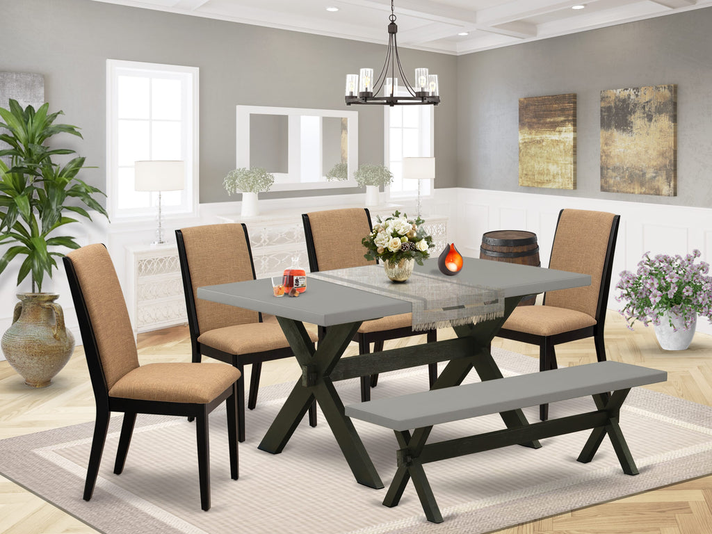 X696LQ4JC-B Dining Ensemble Rectangular Table with X-Legs, 4 Light Sable Chairs, Bench Included, 36x60 Multi-Color