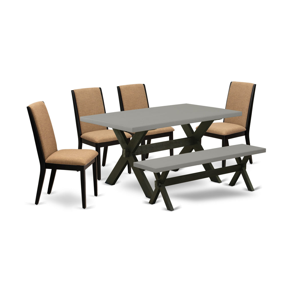 X696LQ4JC-B Dining Ensemble Rectangular Table with X-Legs, 4 Light Sable Chairs, Bench Included, 36x60 Multi-Color