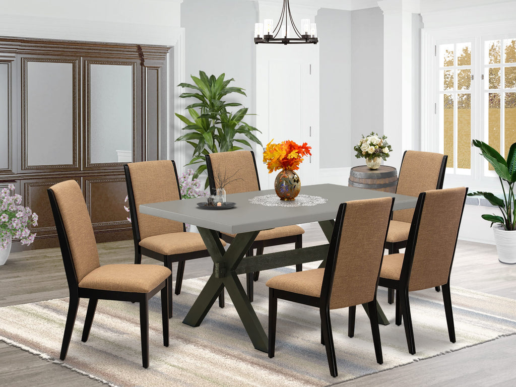 X696LU7GO-2 7-Piece Rectangle Dining Table with X-Legs and 6 Light Sable Linen Chairs Set