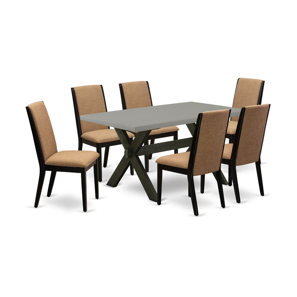 X696LU7GO-2 7-Piece Rectangle Dining Table with X-Legs and 6 Light Sable Linen Chairs Set