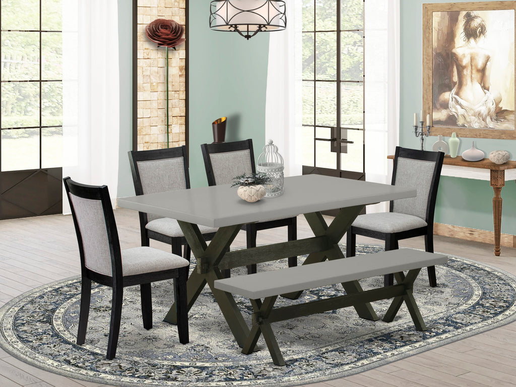 X696M6B2Q-3 Dining Ensemble 6-Piece Set with Rectangle Table & X-Leg Design, Upholstered Chairs & Bench