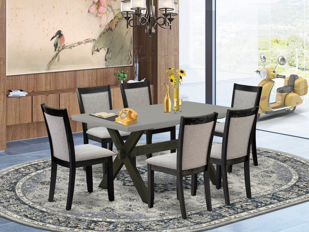 X696MX226-O Modern 7-Piece Dining Ensemble Rectangular X-Legged Table with 6 Shitake Linen Parsons Chairs