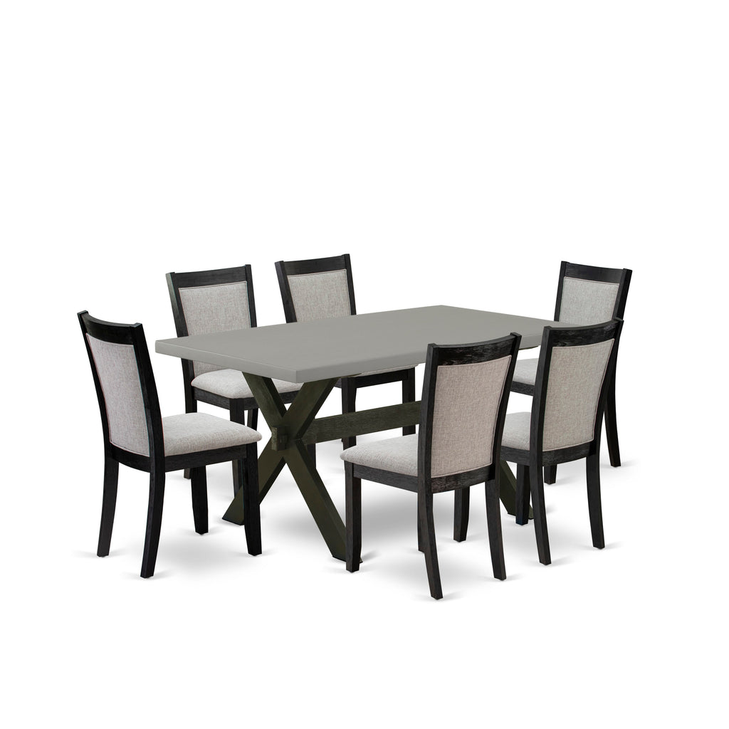 X696MX226-O Modern 7-Piece Dining Ensemble Rectangular X-Legged Table with 6 Shitake Linen Parsons Chairs