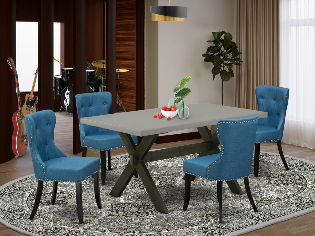 X696S6E0H-Y 5-Piece Rectangle Dining Table Set with X-Leg Design & Four Blue Linen Chairs, Multicolor