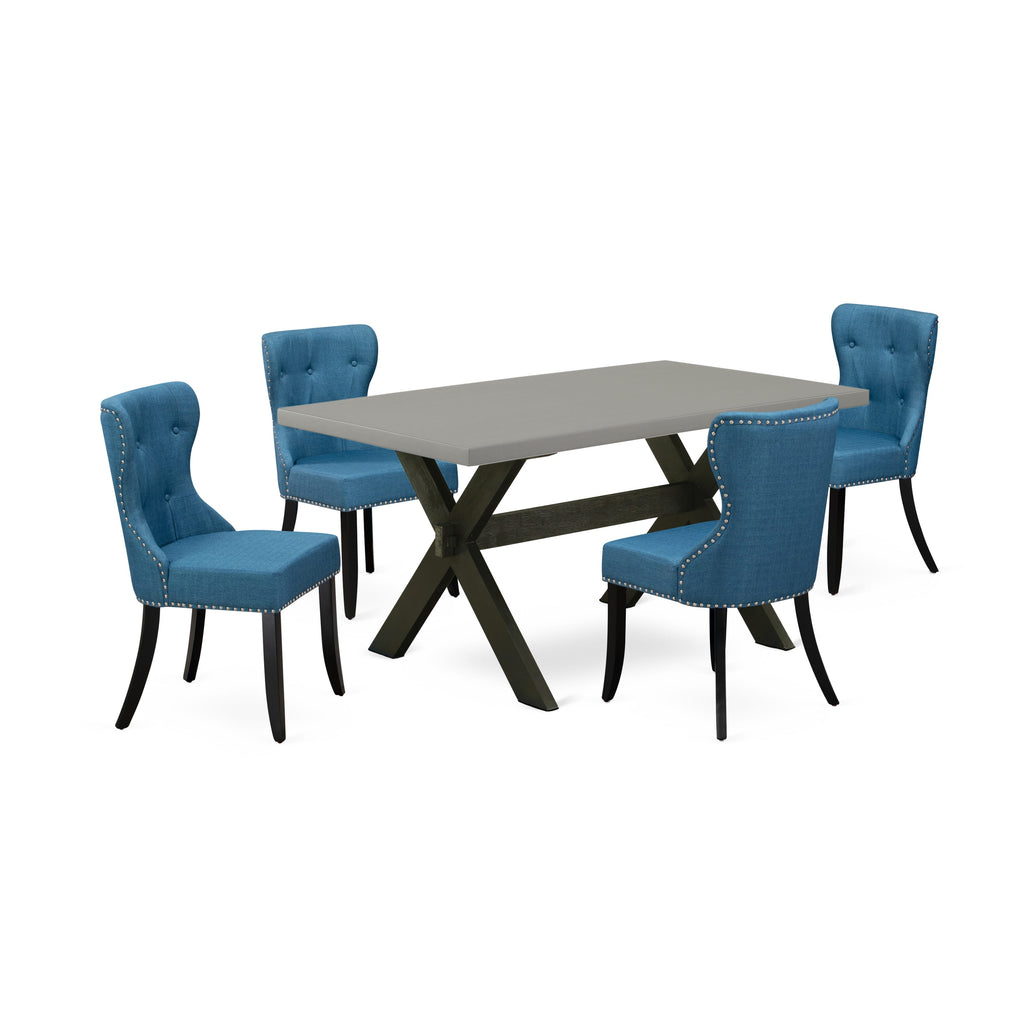 X696S6E0H-Y 5-Piece Rectangle Dining Table Set with X-Leg Design & Four Blue Linen Chairs, Multicolor
