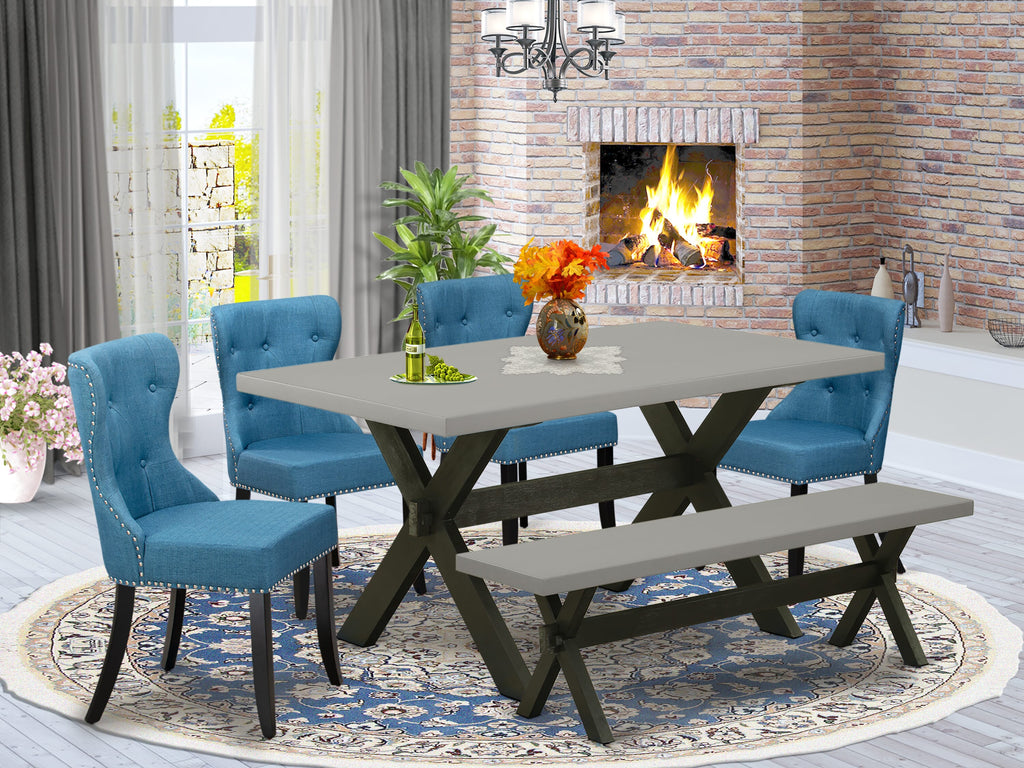 X696SD832-R 6-Piece Dining Ensemble Rectangle Table with X-Legs, Linen Chairs, and Bench in Multicolor 36x60