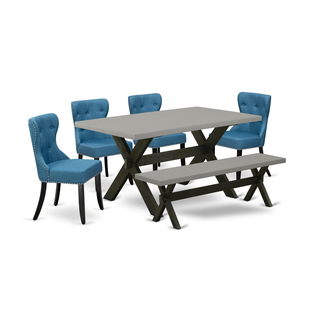 X696SD832-R 6-Piece Dining Ensemble Rectangle Table with X-Legs, Linen Chairs, and Bench in Multicolor 36x60