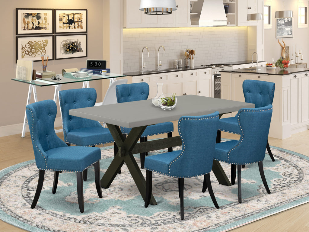 X696S9SIH-N 7-Piece Dining Ensemble Rectangular Table with X-Legs and 6 Upholstered Parson Chairs in Blue Linen, 36x60