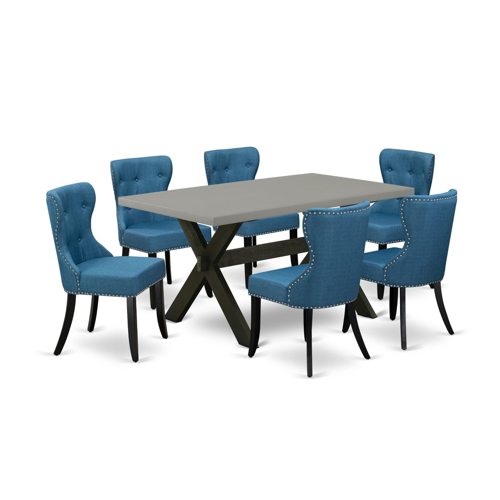 X696S9SIH-N 7-Piece Dining Ensemble Rectangular Table with X-Legs and 6 Upholstered Parson Chairs in Blue Linen, 36x60