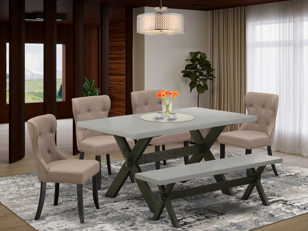 X696S054R-K 6-Piece Set Rectangular Dining Table with X-Legs, 4 Coffee Linen Upholstered Chairs & Bench, 36x60 Multi