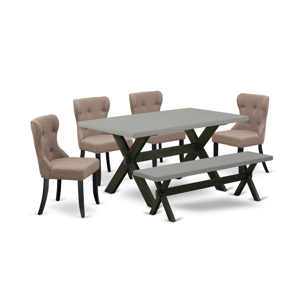 X696S054R-K 6-Piece Set Rectangular Dining Table with X-Legs, 4 Coffee Linen Upholstered Chairs & Bench, 36x60 Multi