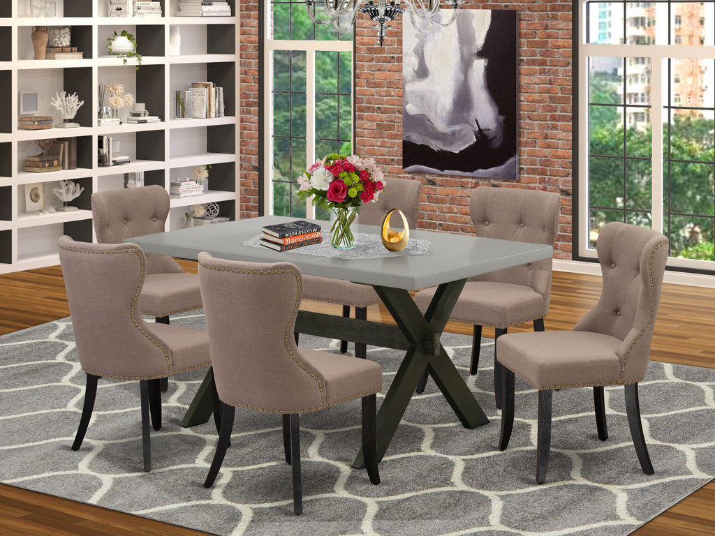 X696SWQE4-U 7 Piece Dining Set with X-Leg Table & 6 Coffee Tone Linen Chairs, 36x60, Multi-Color