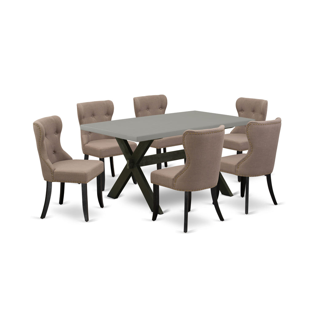 X696SWQE4-U 7 Piece Dining Set with X-Leg Table & 6 Coffee Tone Linen Chairs, 36x60, Multi-Color