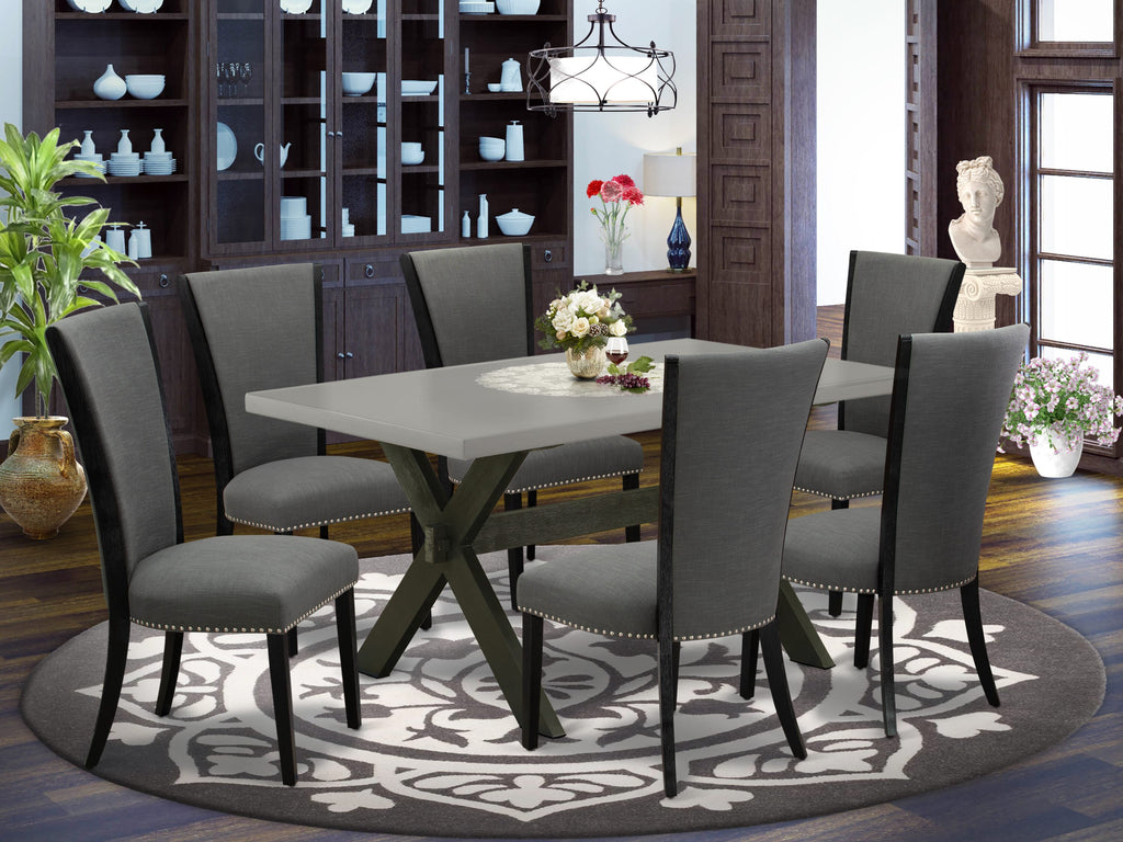 X696VD9OA-P Dine 7Pc Ensemble 36x60 Black Table & Cement-Finish 6 Chairs Patio Set