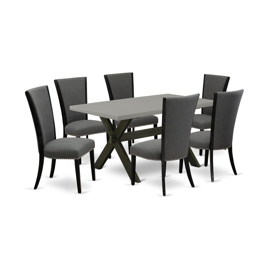 X696VD9OA-P Dine 7Pc Ensemble 36x60 Black Table & Cement-Finish 6 Chairs Patio Set