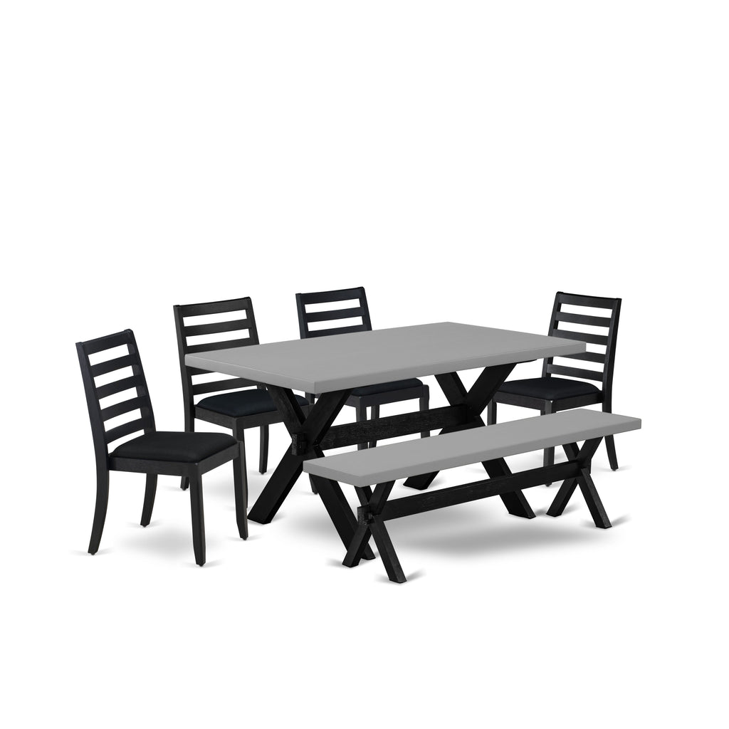 X696X1QPW-F Elegant 6-Piece Dining Ensemble with Chic Cement Surface & Stackable Seats in Black Linen