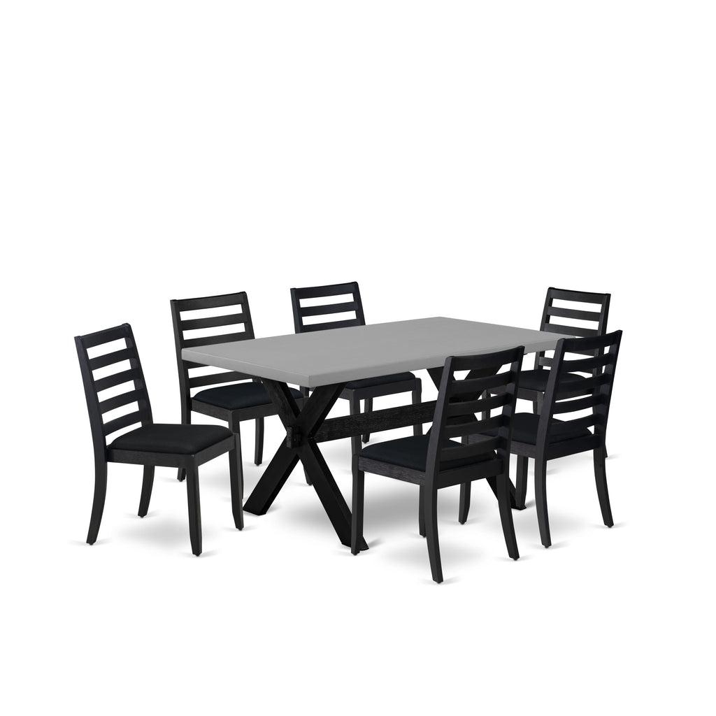 X696XPDN0-A Elegant 7-Piece Dining Set Wooden Table with Cement Surface & 6 Black Linen Fabric Chairs