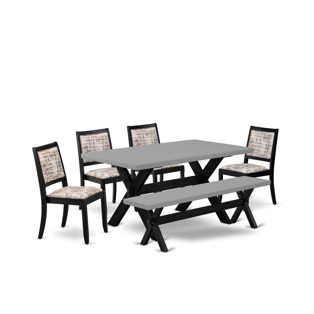 X696XBTZ8-G Elegant Cement Top 6-Piece Dining Set with Bench, Chairs & Faux Leather Accents
