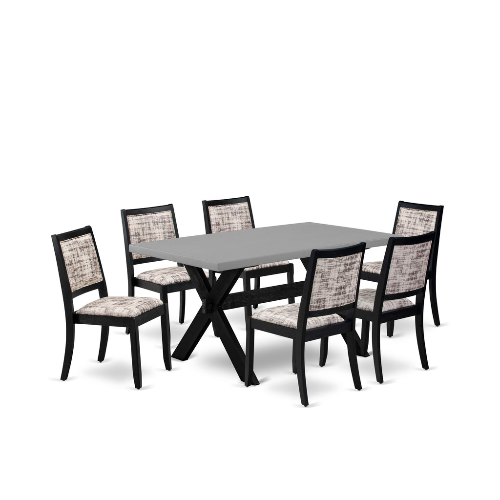 X696XB747-O 7-Piece Dining Set Cement-Top Table & 6 Stackable Faux Leather Chairs in Black, White, & Gray