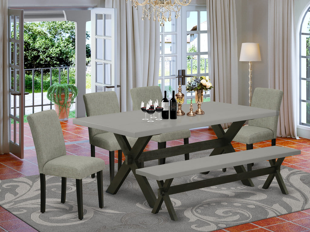 X697AU8HQ-C 6 Piece Dining Set Featuring Rectangular Table with X-Legs, Shitake Fabric Chairs & Bench