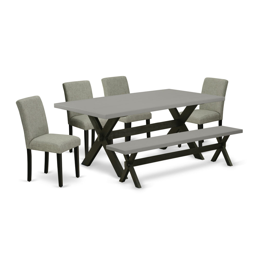X697AU8HQ-C 6 Piece Dining Set Featuring Rectangular Table with X-Legs, Shitake Fabric Chairs & Bench