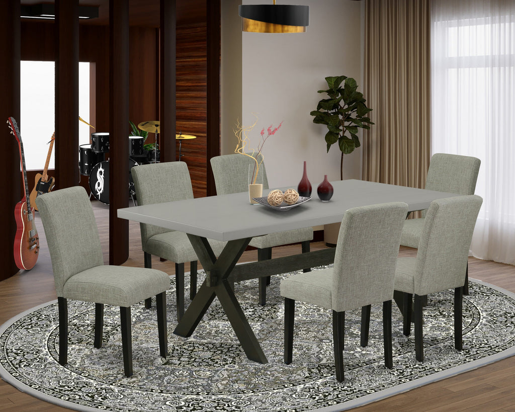 X697AGVM2-G Elegant 7-Piece Dining Ensemble with X-Leg Table and 6 Linen Chairs - Perfect for Contemporary Kitchens