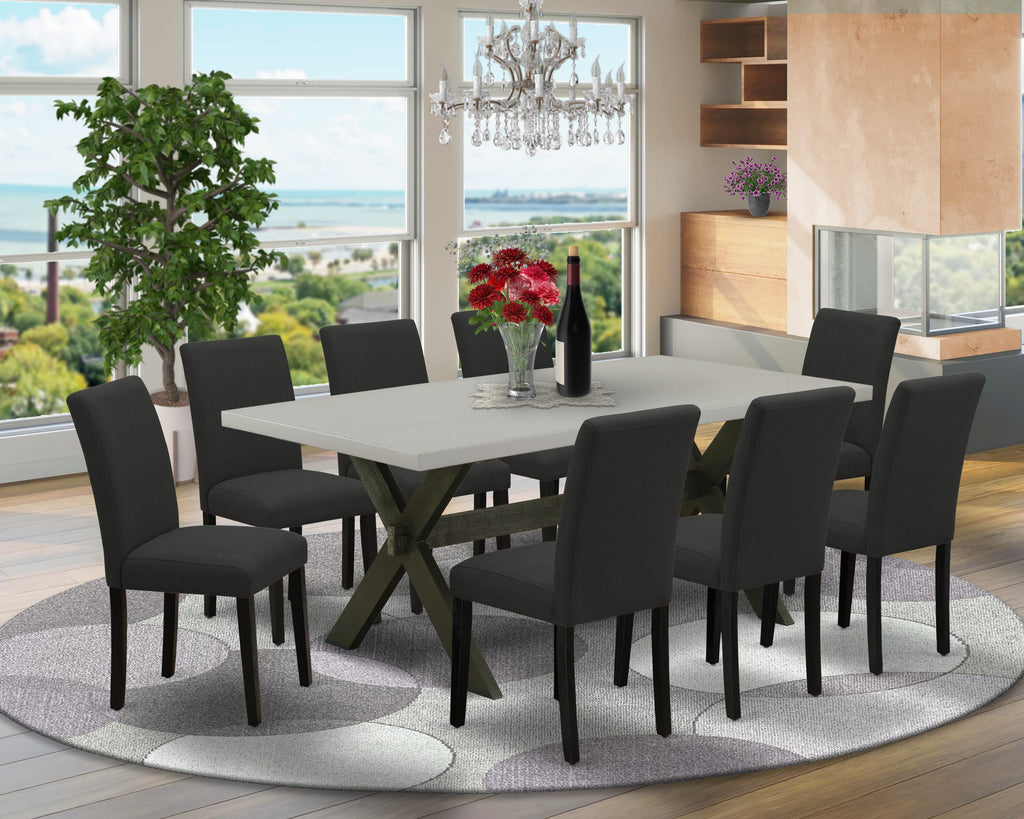 X697AWTR3-M 9-Piece Dining Set with X-Design Table and 8 Stylish Black Fabric Chairs, Multi-Color Elegance