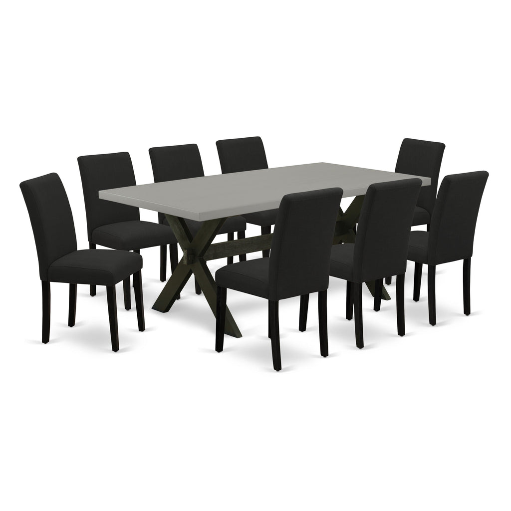 X697AWTR3-M 9-Piece Dining Set with X-Design Table and 8 Stylish Black Fabric Chairs, Multi-Color Elegance