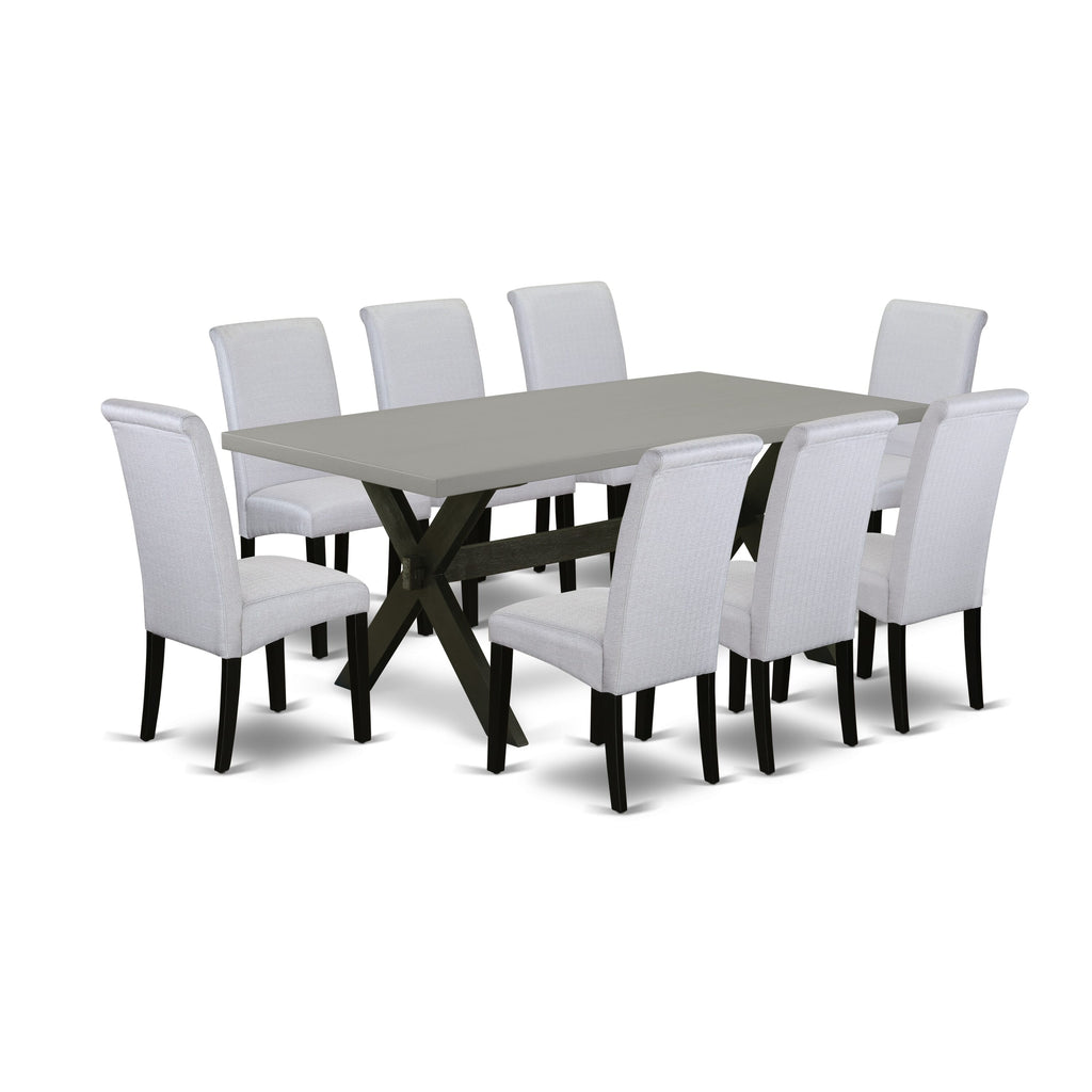 9-Piece Dining Set with X-Legs, 72-inch Table & Grey Parson Chairs Model X697BWNNP-N