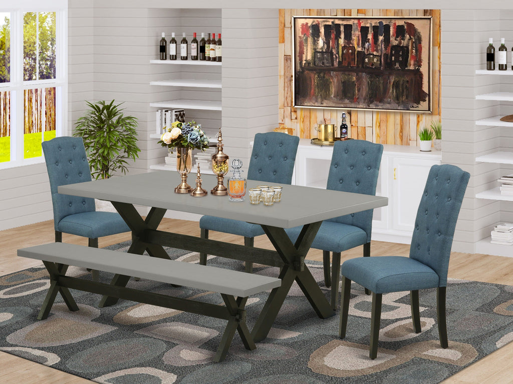 Dining Set X697CQPLW-7 Featuring Rectangular Wood Table with X-Legs, 4 Mineral Blue Chairs, Bench, 72-inch, Multi-Color