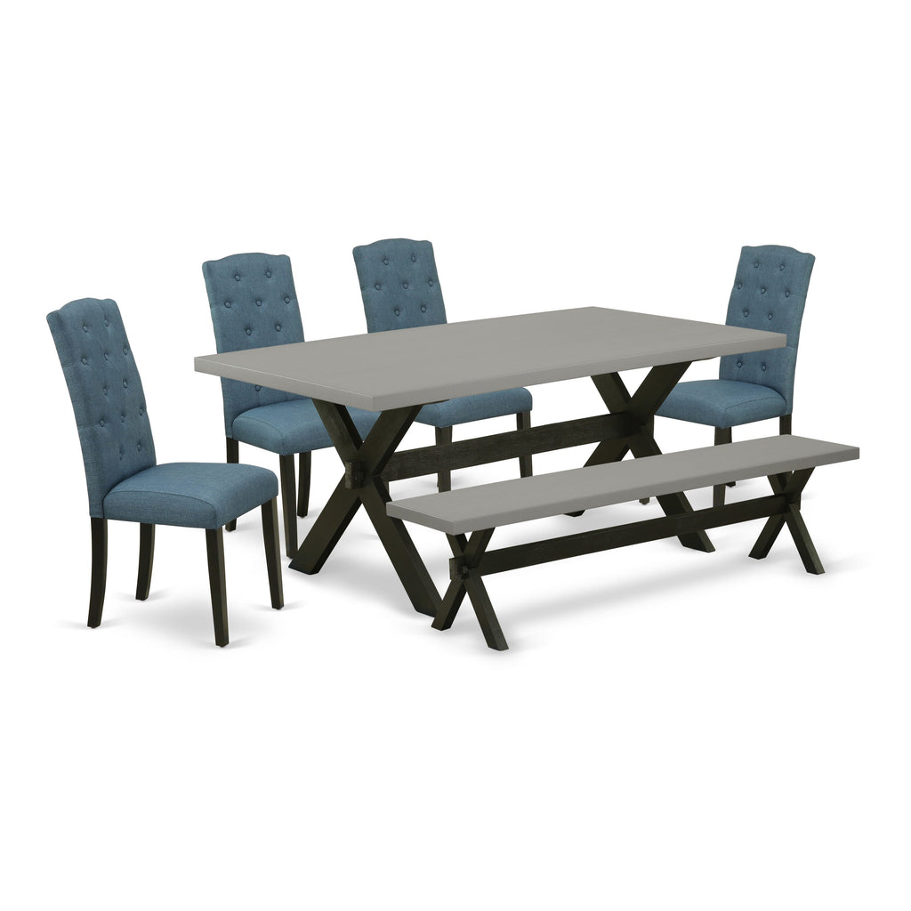 Dining Set X697CQPLW-7 Featuring Rectangular Wood Table with X-Legs, 4 Mineral Blue Chairs, Bench, 72-inch, Multi-Color