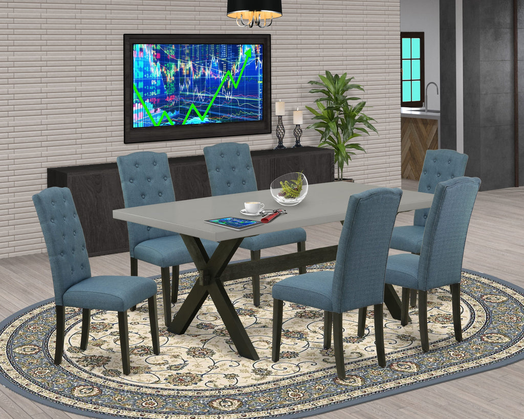 X697C3WTV-I Chic Dining Ensemble - 7pc Rectangular Wood Table & 6 Stylish Blue Fabric Chairs for Elegant Dining