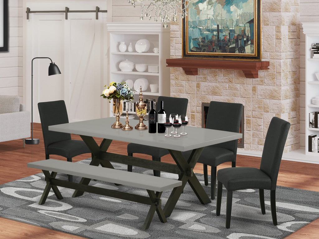 X697DA9SK-G 6-Piece Dining Room Set with Rectangle Table, X-Legs, 4 Black Linen Chairs & Bench, 40x72 Multi-Color