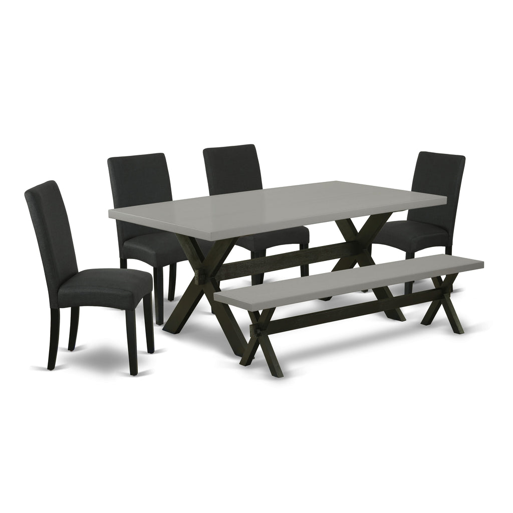 X697DA9SK-G 6-Piece Dining Room Set with Rectangle Table, X-Legs, 4 Black Linen Chairs & Bench, 40x72 Multi-Color