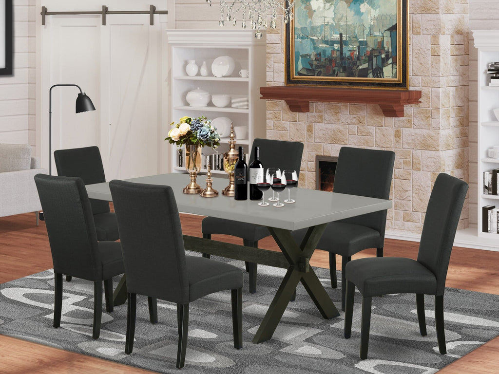 X697DVL4D-V 7-Piece Dining Ensemble with Rectangle Table Featuring X-Legs & Six Black Upholstered Parson Chairs, 40x72 Inch, Multi-Tone Design