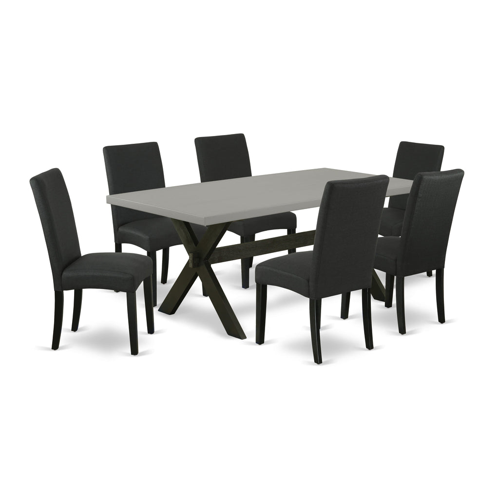 X697DVL4D-V 7-Piece Dining Ensemble with Rectangle Table Featuring X-Legs & Six Black Upholstered Parson Chairs, 40x72 Inch, Multi-Tone Design