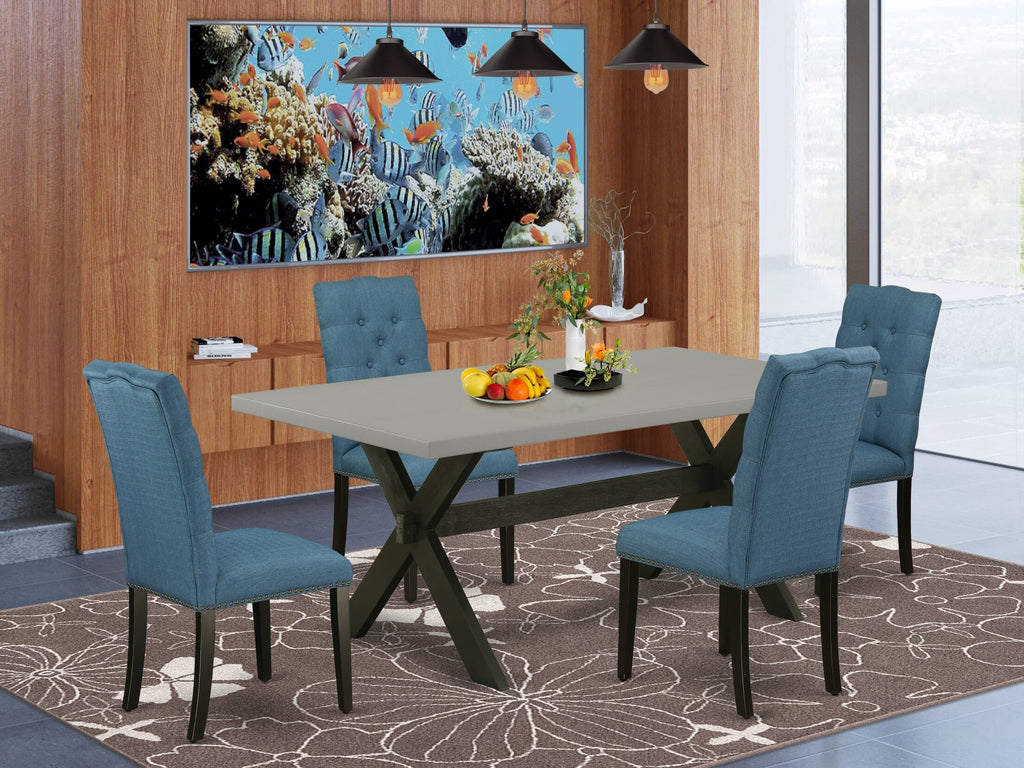 X697ETZLY-2 5 Pc Dining Set Rectangle Table with X Base & 4 Blue Parson Seats, Multi-Hue, 40x72