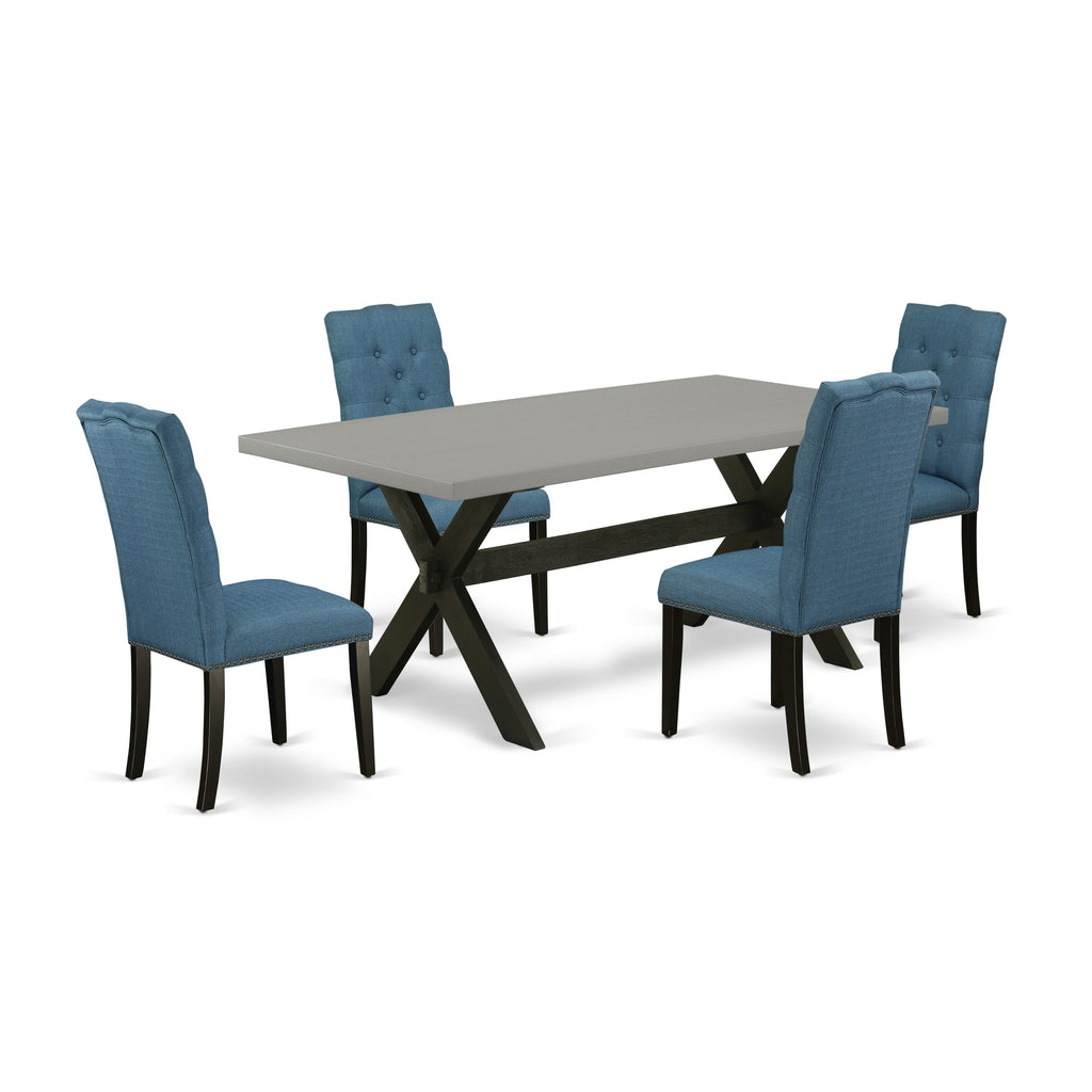 X697ETZLY-2 5 Pc Dining Set Rectangle Table with X Base & 4 Blue Parson Seats, Multi-Hue, 40x72