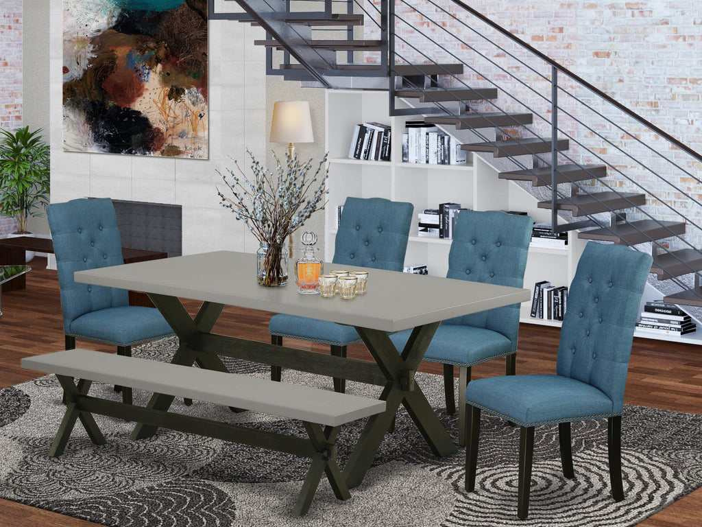 X697EFKYB-O 6-Piece Dining Ensemble with Rectangular Table, X-Legs, Blue Linen Chairs, and Bench, 40x72 Multi-Color
