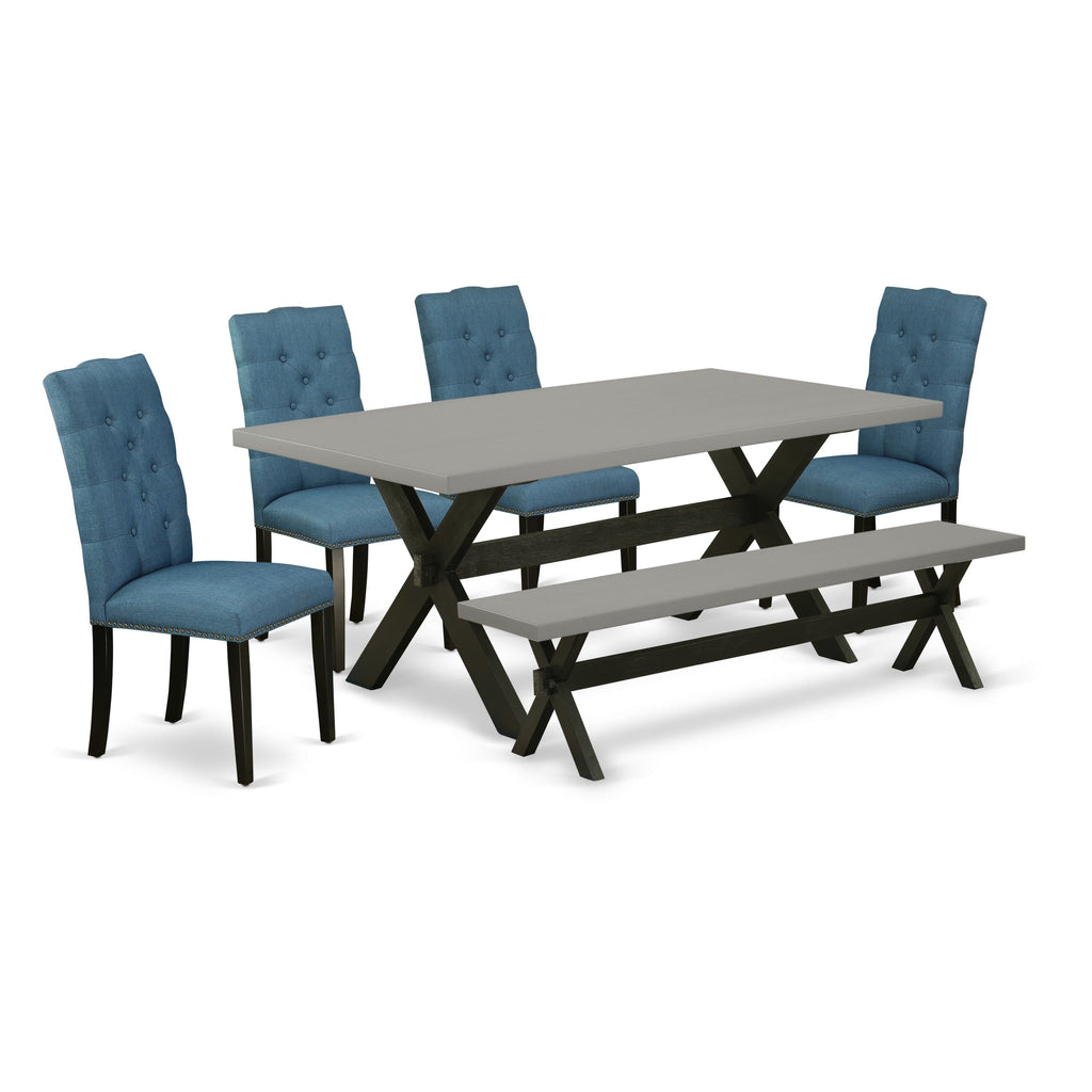 X697EFKYB-O 6-Piece Dining Ensemble with Rectangular Table, X-Legs, Blue Linen Chairs, and Bench, 40x72 Multi-Color