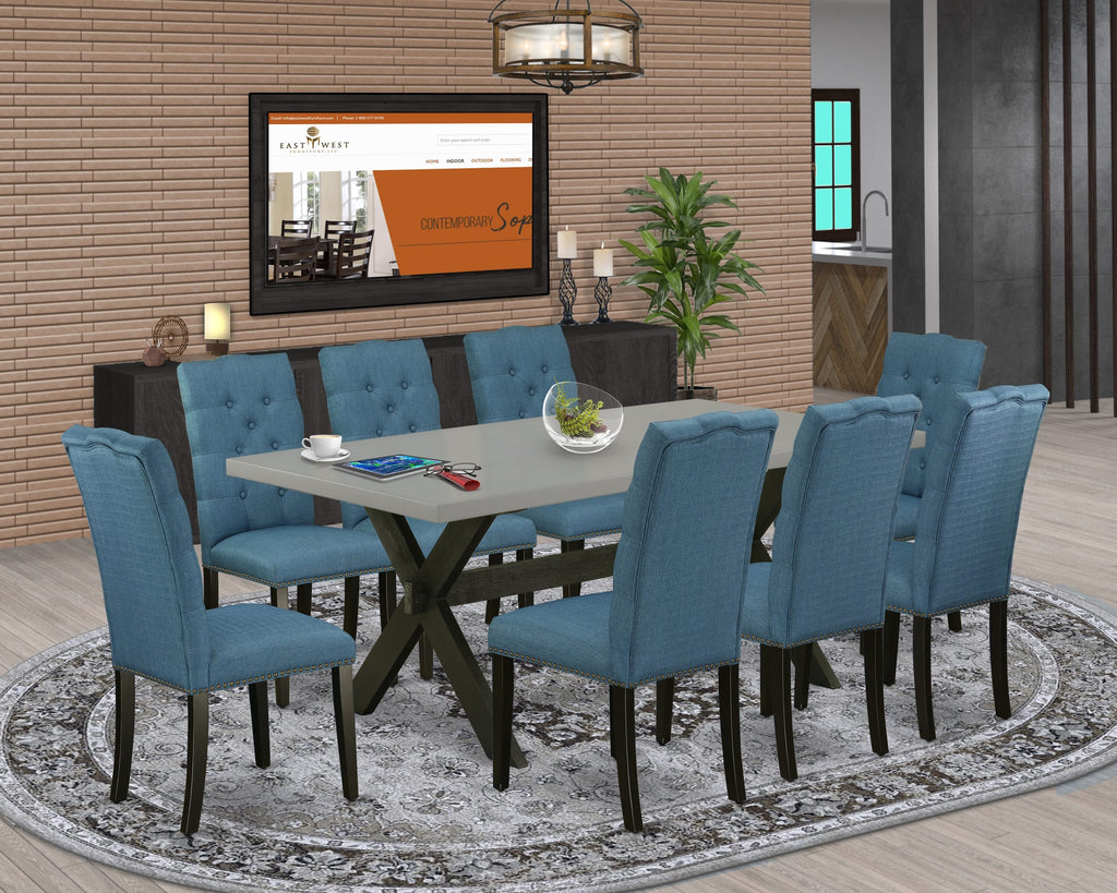 X697E7Q69-9 Elegant 9 Piece Dining Set with Rectangular Table and Chairs, Blue Linen Upholstery