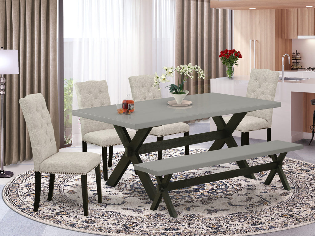 X697EBHH0-T Stunning 6-Piece Dining Set with X-Leg Table, Parson Chairs, and Bench in Chic Multi Shades