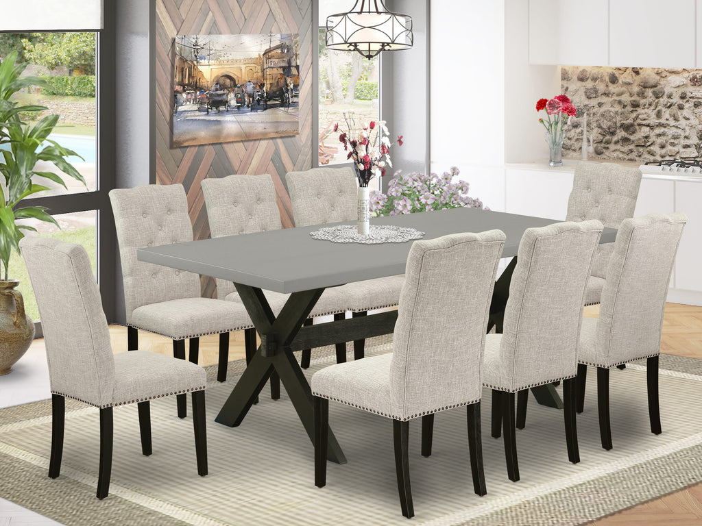 X697EKS4J-T Elegant 9 Piece Table Set with Rectangle Top & X-Styled Legs, 8 Chic Doeskin Chairs